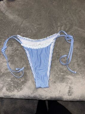 SHEIN Blue Gingham Tie-Side Bikini Bottom with White Ruffle